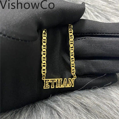 VishowCo Stainless Steel Gold Choker Custom Name Necklace Personalized Flat Chain Nameplate Pendant Necklace For Girlfriend Gift