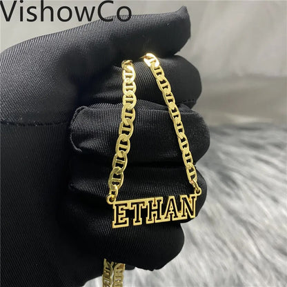 VishowCo Stainless Steel Gold Choker Custom Name Necklace Personalized Flat Chain Nameplate Pendant Necklace For Girlfriend Gift