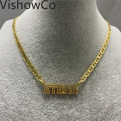VishowCo Stainless Steel Gold Choker Custom Name Necklace Personalized Flat Chain Nameplate Pendant Necklace For Girlfriend Gift
